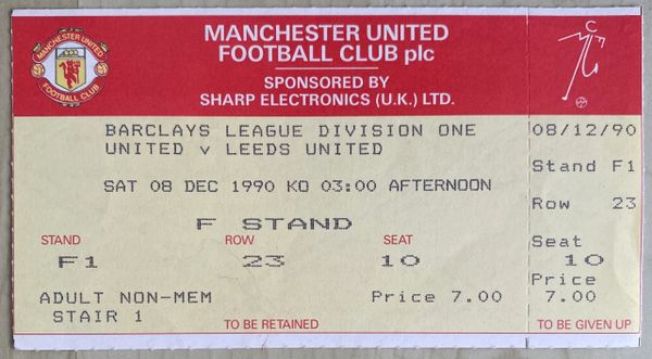 1990/91 ORIGINAL DIVISION ONE UNUSED TICKET MANCHESTER UNITED V LEEDS UNITED