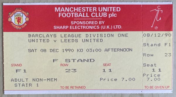 1990/91 ORIGINAL DIVISION ONE UNUSED TICKET MANCHESTER UNITED V LEEDS UNITED