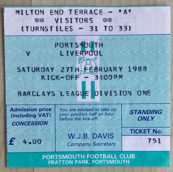 1987/88 ORIGINAL DIVISION ONE TICKET PORTSMOUTH V LIVERPOOL (LIVERPOOL ALLOCATION)