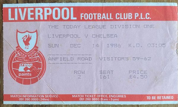 1986/87 ORIGINAL DIVISION ONE TICKET LIVERPOOL V CHELSEA (VISITORS END)