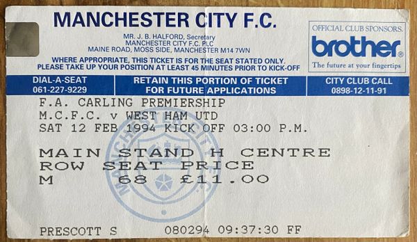 1993/94 ORIGINAL FA PREMIERSHIP TICKET MANCHESTER CITY V WEST HAM UNITED