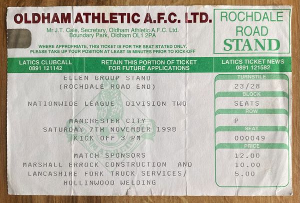 1998/99 ORIGINAL NATIONWIDE DIVISION TWO TICKET OLDHAM ATHLETIC V MANCHESTER CITY (VISITORS ALLOCATION)