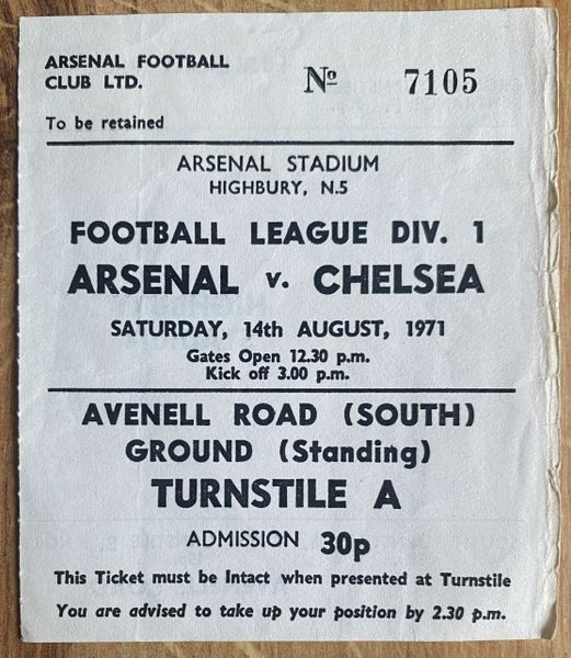 1971/72 ORIGINAL DIVISION ONE TICKET ARSENAL V CHELSEA