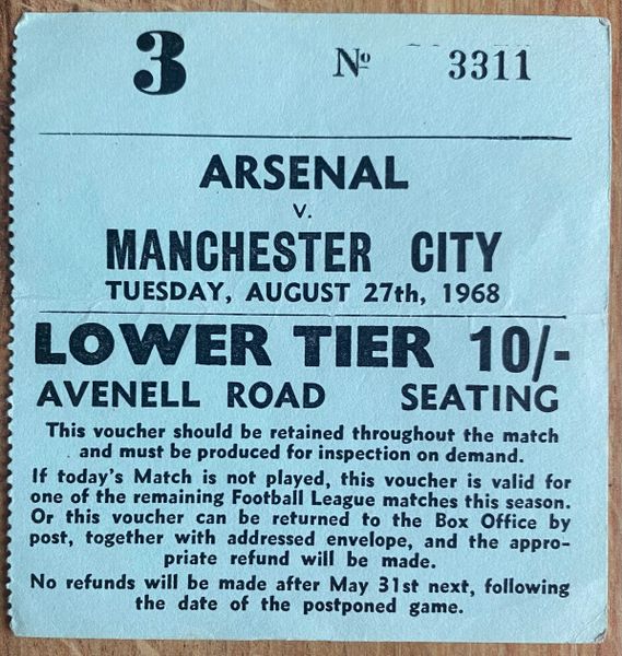 1968/69 ORIGINAL DIVISION ONE TICKET ARSENAL V MANCHESTER CITY