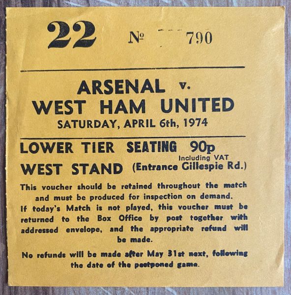 1973/74 ORIGINAL DIVISION ONE TICKET ARSENAL V WEST HAM UNITED