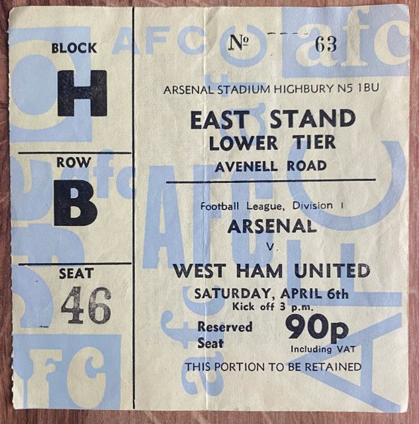 1973/74 ORIGINAL DIVISION ONE TICKET ARSENAL V WEST HAM UNITED