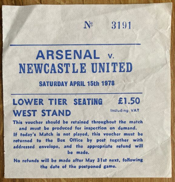 1977/78 ORIGINAL DIVISION ONE TICKET ARSENAL V NEWCASTLE UNITED