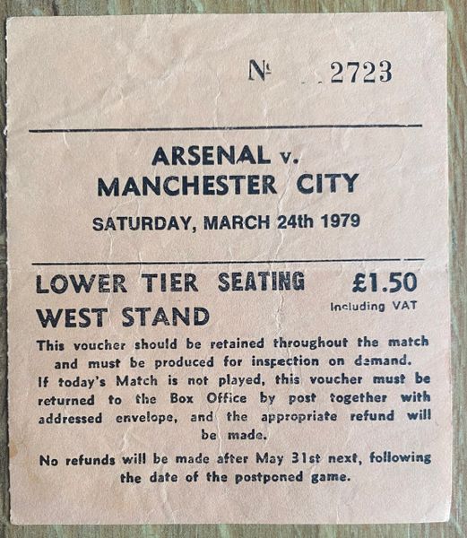 1978/79 ORIGINAL DIVISION ONE TICKET ARSENAL V MANCHESTER CITY