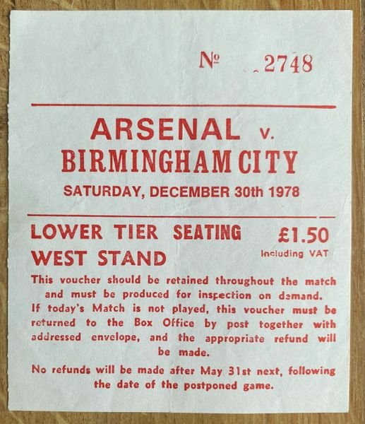 1978/79 ORIGINAL DIVISION ONE TICKET ARSENAL V BIRMINGHAM CITY