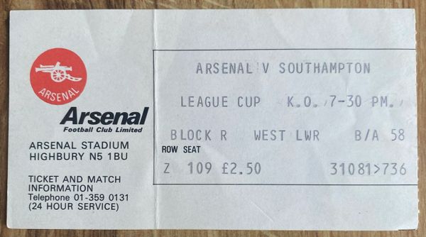 1978/79 ORIGINAL LEAGUE CUP ROUND 3 TICKET ARSENAL V SOUTHAMPTON