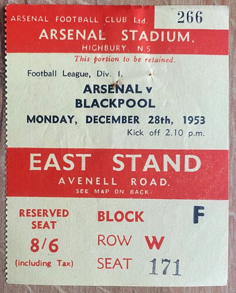 1953/54 ORIGINAL DIVISION ONE TICKET ARSENAL V BLACKPOOL