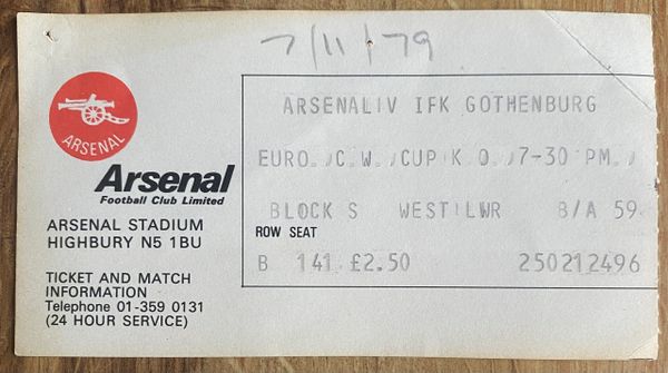 1979/80 ORIGINAL EUROPEAN CUP WINNERS CUP QUARTER FINAL 1ST LEG TICKET ARSENAL V IFK GOTHENBURG