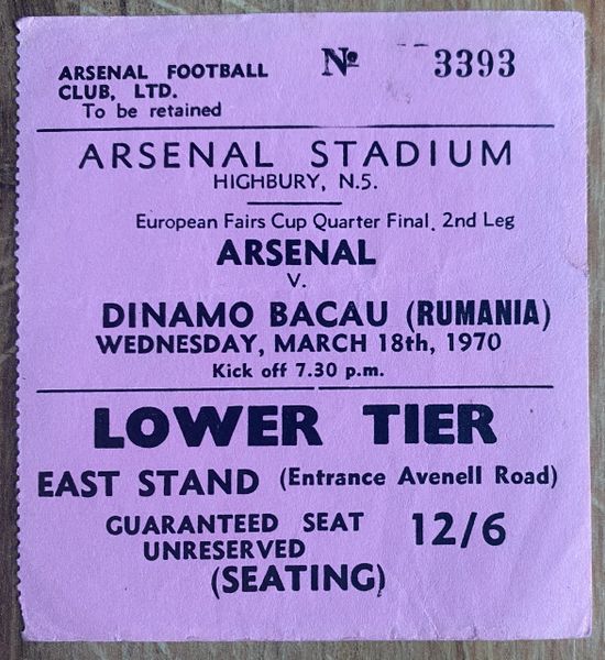 1970 ORIGINAL INTER-CITIES FAIRS CUP 4TH ROUND 2ND LEG TICKET ARSENAL V DINAMO BACAU