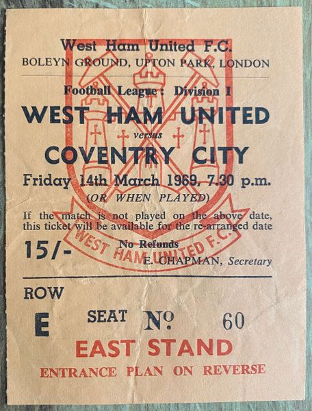 1968/69 ORIGINAL DIVISION ONE TICKET WEST HAM UNITED V COVENTRY CITY