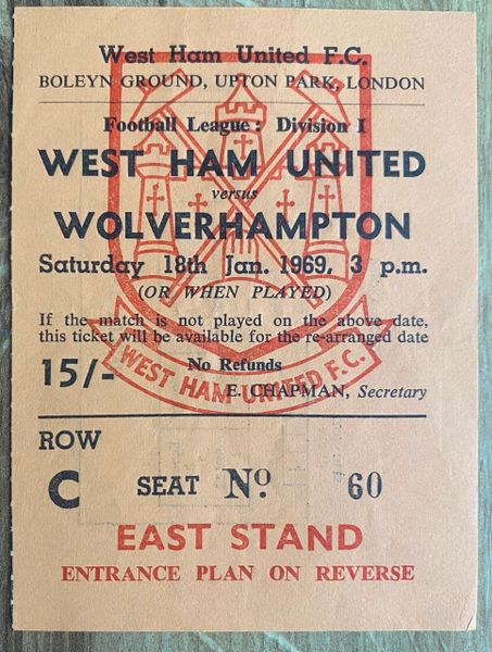 1968/69 ORIGINAL DIVISION ONE TICKET WEST HAM UNITED V WOLVERHAMPTON WANDERERS