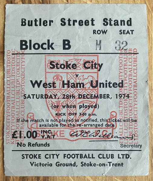 1974/75 ORIGINAL DIVISION ONE TICKET STOKE CITY V WEST HAM UNITED