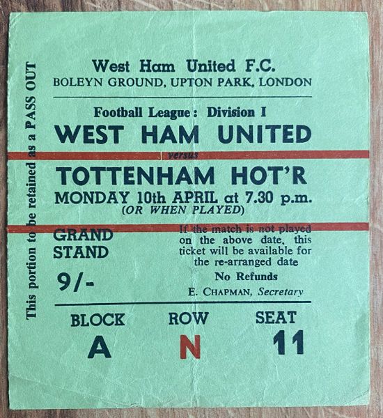 1966/67 ORIGINAL DIVISION ONE TICKET WEST HAM UNITED TOTTENHAM HOTSPUR