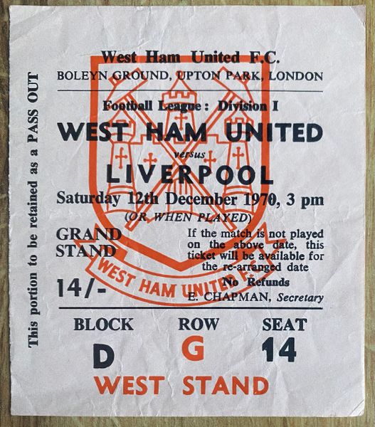 1970/71 ORIGINAL DIVISION ONE TICKET WEST HAM UNITED V LIVERPOOL