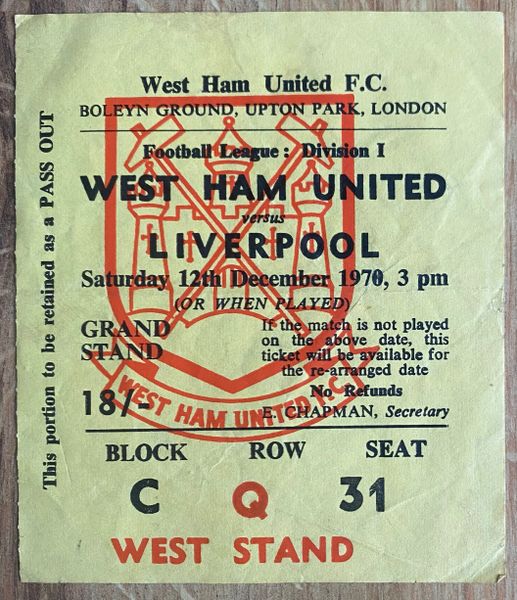 1970/71 ORIGINAL DIVISION ONE TICKET WEST HAM UNITED V LIVERPOOL