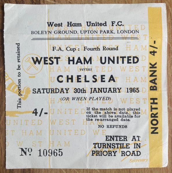 1964/65 ORIGINAL FA CUP 4TH ROUND TICKET WEST HAM UNITED V CHELSEA