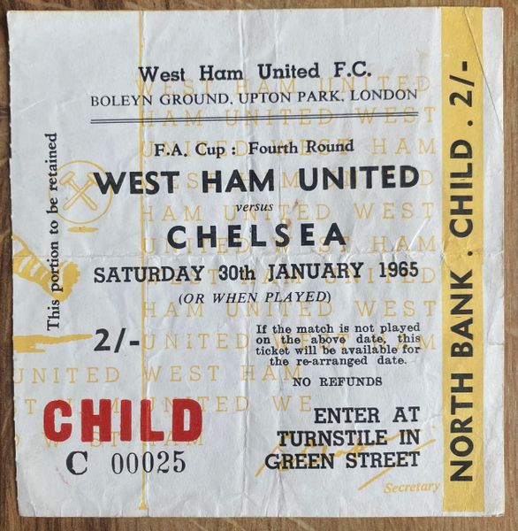 1964/65 ORIGINAL FA CUP 4TH ROUND TICKET WEST HAM UNITED V CHELSEA