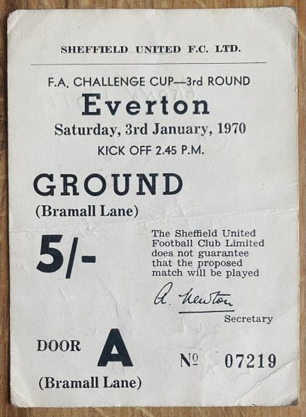 1969/70 ORIGINAL FA CUP 3RD ROUND TICKET SHEFFIELD UNITED V EVERTON