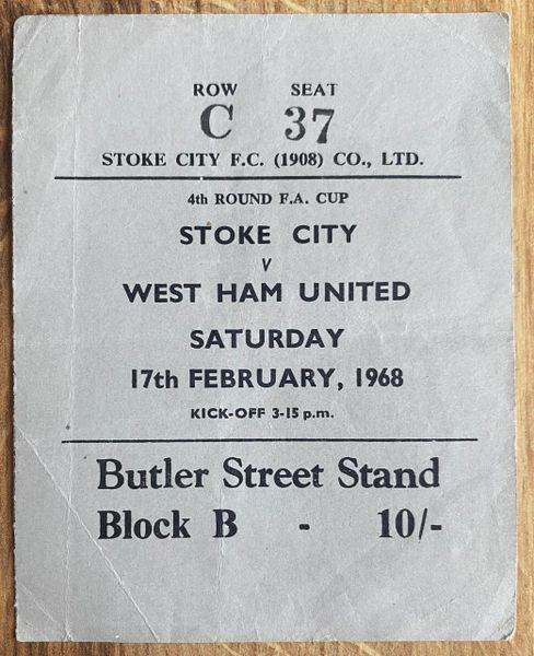 1967/68 ORIGINAL FA CUP ROUND 4 TICKET STOKE CITY V WEST HAM UNITED