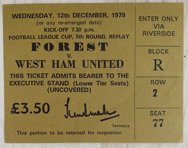 1979/80 ORIGINAL LEAGUE CUP 5TH ROUND REPLAY TICKET NOTTINGHAM FOREST V WEST HAM UNITED