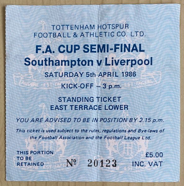 1986 ORIGINAL FA CUP SEMI FINAL TICKET SOUTHAMPTON V LIVERPOOL @ WHITE HART LANE