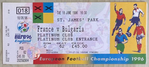 1996 ORIGINAL UNUSED EURO 96 1ST ROUND TICKET FRANCE V BULGARIA @ ST JAMES' PARK NEWCASTLE