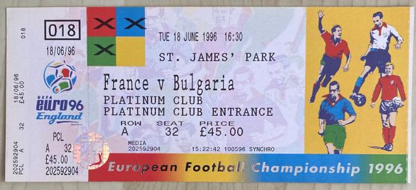 1996 ORIGINAL UNUSED EURO 96 1ST ROUND TICKET FRANCE V BULGARIA @ ST JAMES' PARK NEWCASTLE