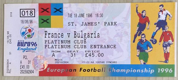 1996 ORIGINAL UNUSED EURO 96 1ST ROUND TICKET FRANCE V BULGARIA @ ST JAMES' PARK NEWCASTLE