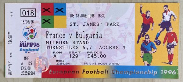 1996 ORIGINAL UNUSED EURO 96 1ST ROUND TICKET FRANCE V BULGARIA @ ST JAMES' PARK NEWCASTLE