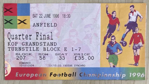 1996 ORIGINAL EURO 96 QUARTER FINAL TICKET FRANCE V NETHERLANDS @ANFIELD, LIVERPOOL