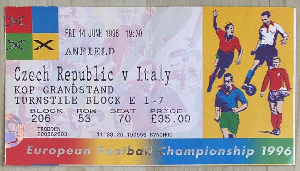 1996 ORIGINAL EURO 96 TICKET CZECH REPUBLIC V ITALY @ANFIELD, LIVERPOOL