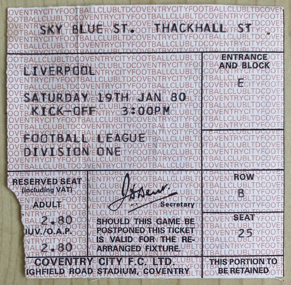 1979/80 ORIGINAL DIVISION ONE TICKET COVENTRY CITY V LIVERPOOL