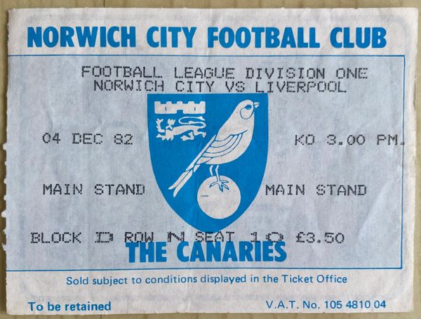 1982/83 ORIGINAL DIVISION ONE TICKET NORWICH CITY V LIVERPOOL