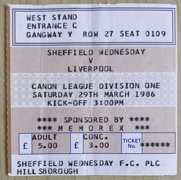 1985/86 ORIGINAL DIVISION ONE TICKET SHEFFIELD WEDNESDAY V LIVERPOOL (VISITORS SEATING)