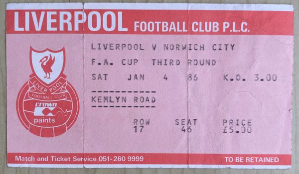 1985/86 ORIGINAL FA CUP 3RD ROUND TICKET LIVERPOOL V NORWICH CITY