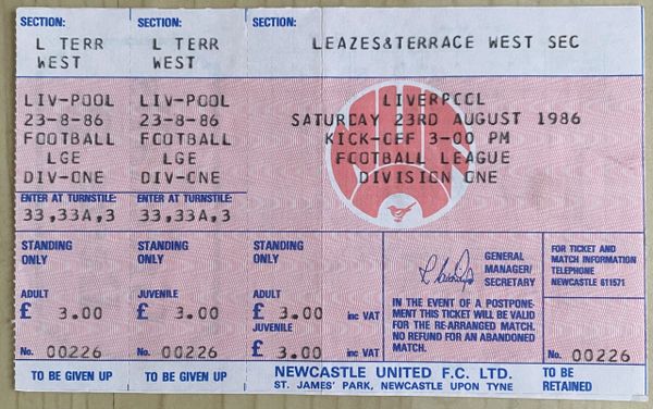 1986/87 ORIGINAL UNUSED DIVISION ONE TICKET NEWCASTLE UNITED V LIVERPOOL