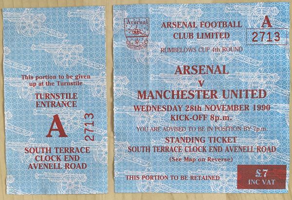 1990/91 ORIGINAL RUMBELOWS CUP 4th ROUND TICKET ARSENAL V MANCHESTER UNITED