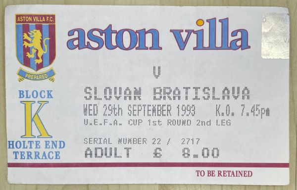 1993/94 ORIGINAL UEFA CUP 1ST ROUND 2ND LEG TICKET ASTON VILLA V SLOVAN BRATISLAVA