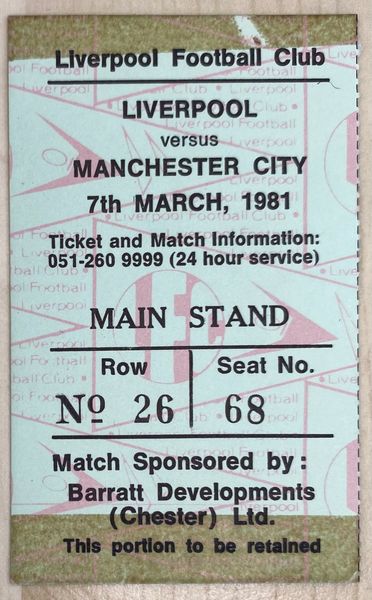 1980/81 ORIGINAL DIVISION ONE TICKET LIVERPOOL V MANCHESTER CITY