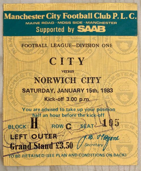 1982/83 ORIGINAL DIVISION ONE TICKET MANCHESTER CITY V NORWICH CITY