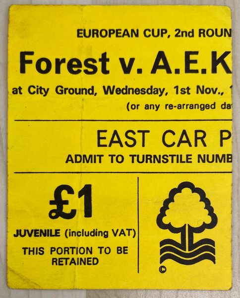 1978/79 ORIGINAL EUROPEAN CUP 2ND ROUND 2ND LEG TICKET NOTTINGHAM FOREST V A.E.K. ATHENS