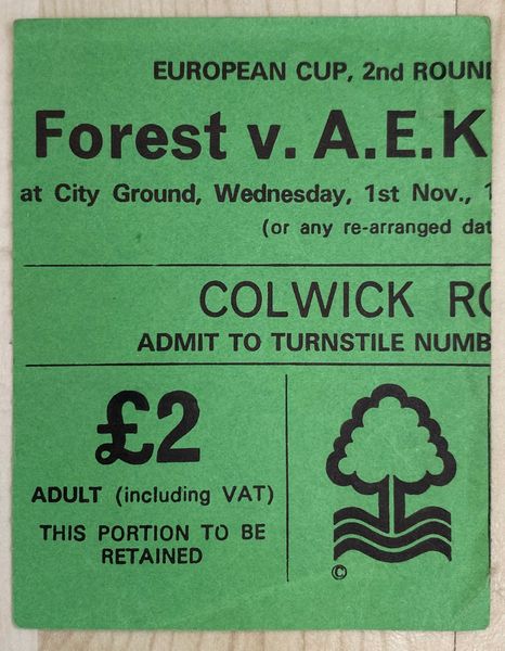 1978/79 ORIGINAL EUROPEAN CUP 2ND ROUND 2ND LEG TICKET NOTTINGHAM FOREST V A.E.K. ATHENS