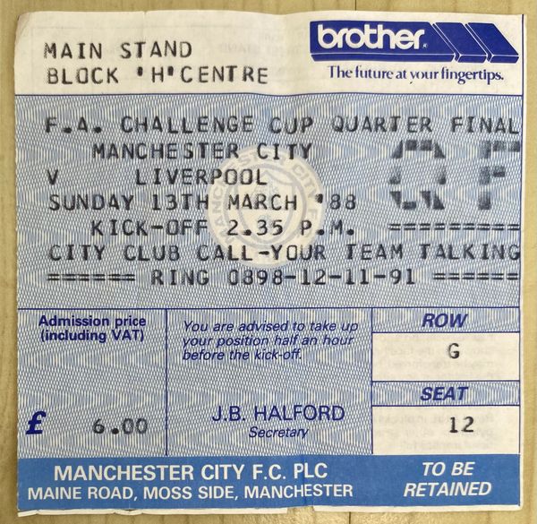 1987/88 ORIGINAL FA CUP ROUND 6 TICKET MANCHESTER CITY V LIVERPOOL