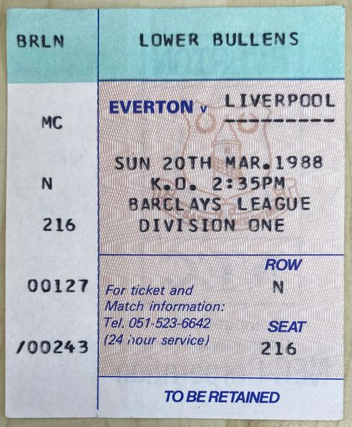 1987/88 ORIGINAL DIVISION ONE TICKET EVERTON V LIVERPOOL