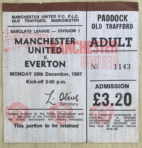 1987/88 ORIGINAL DIVISION ONE TICKET MANCHESTER UNITED V EVERTON