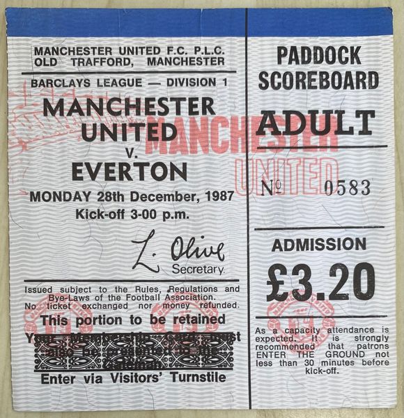 1987/88 ORIGINAL DIVISION ONE TICKET MANCHESTER UNITED V EVERTON (EVERTON ALLOCATION)